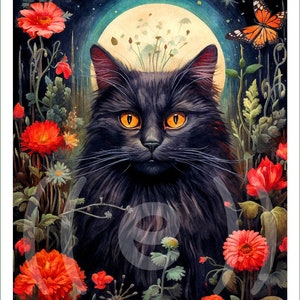 Puede incluir: Impresión de arte digital que presenta un gato negro con ojos amarillos brillantes, rodeado de flores rojas y naranjas, follaje verde y una luna llena. También hay una mariposa naranja.