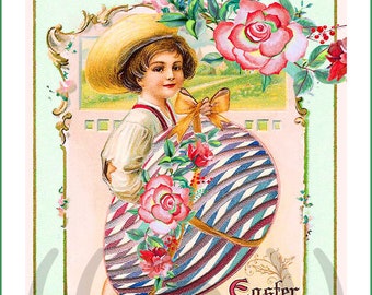 May include: Vintage Easter greeting card featuring a child carrying a large, striped egg adorned with roses. The child wears a straw hat and holds the egg with a golden ribbon. The words "Easter Greeting" are written in elegant script.