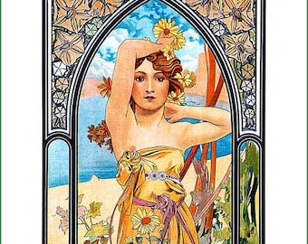 stoffen paneel - Alphonse Mucha (32). Voor naaien, patchwork, quilten. Stoffen panelen, quilt panelen, art nouveau stof, Mucha, Alphonse Mucha