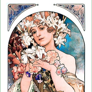 May include: A woman with long, flowing hair adorned with white flowers holds a bouquet of pink, white, and purple flowers. The background is a blue sky with clouds. The image is framed with a decorative border.