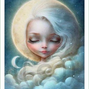 Peut inclure: Une illustration numérique représentant un personnage stylisé aux yeux fermés et aux longs cils, encadré par une grande pleine lune lumineuse. Le personnage a des cheveux clairs et fluides qui se fondent dans des nuages blancs sur un ciel bleu.