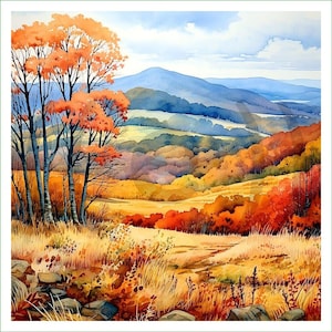 Peut inclure: Une peinture à l'aquarelle d'un paysage automnal présentant de grands arbres au feuillage orange vif au premier plan, un champ d'herbes dorées et des montagnes bleues vallonnées sous un ciel doux avec des nuages légers au loin.