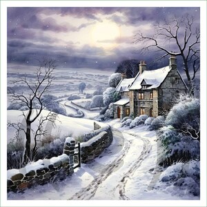 May include: A winter landscape painting featuring a stone house with snow-covered roofs, glowing windows, and a winding path leading to the entrance. The scene includes bare trees, a stone wall, and a full moon in a cloudy, dark purple night sky.