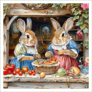 May include: Two brown rabbits wearing blue and pink dresses are selling produce from a wooden stand. The rabbits are holding baskets of fruit and vegetables, including tomatoes, grapes, and a squash.