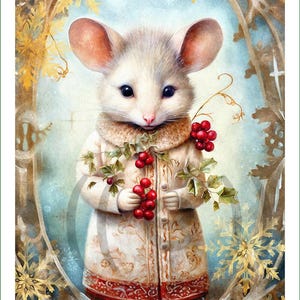 Pode incluir: Uma ilustração digital de um rato branco vestindo um casaco cor de creme com gola de pele e uma bainha vermelha estampada. O rato segura um ramo de azevinho com bagas vermelhas brilhantes. A cena é emoldurada por flocos de neve dourados.