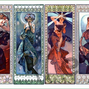 May include: Four Art Nouveau panels depicting women in flowing gowns. Each panel has a different colour scheme, with details in red, blue, and gold. The artwork has decorative floral borders and a vintage aesthetic, reminiscent of the early 20th century.