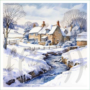 Peut inclure: Une peinture à l'aquarelle représentant un cottage en pierre recouvert de neige en hiver. Un petit ruisseau coule au premier plan, entouré de rives enneigées et d'arbres dénudés. La scène comprend une clôture en bois et un ciel nuageux.