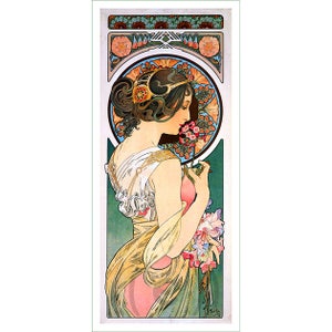 May include: A woman in a white dress with a yellow sash and a pink underskirt is holding a bouquet of flowers. She is wearing a gold headband and has dark hair. The background is a green and blue floral design.