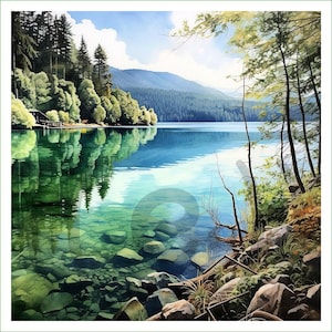 May include: A landscape painting of a clear blue lake with visible rocks on the shallow bottom, surrounded by a dense forest of green pine trees and distant mountains under a bright sky with white clouds, featuring a small cabin on the shore.