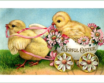 May include: A vintage Easter card featuring two yellow chicks. One chick is pulling a wagon decorated with pink flowers and the text "A Joyful Easter".