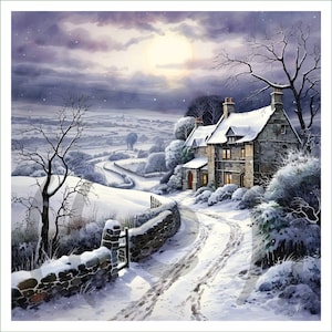 Peut inclure: Une scène d'hiver enneigée avec un chalet en pierre niché dans une colline. Le chalet a un toit recouvert de neige et des fenêtres avec une lumière chaude qui brille à l'intérieur. Une route sinueuse mène au chalet, avec des arbres et des collines enneigés en arrière-plan.