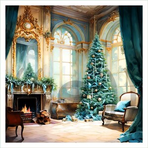 以下が含まれることがあります： クリスマスのために装飾された部屋のエレガントな水彩画。 大きく装飾されたクリスマスツリーが大きな窓の前に立っています。 上に鏡のある暖炉が左側にあります。 椅子と机も部屋にあります。