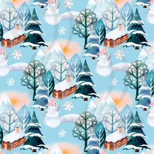fabric - winter landscape (1) - fat quarter - SECOND QUALITY - 25% off. Fabric for sewing, patchwork, quilting. Fabric, snowman, winter tree