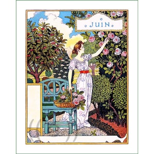 Può includere: Una donna in un vestito bianco con una fascia rossa raccoglie rose in un giardino. Il giardino ha una panchina blu, un cesto di rose e un cartello che dice "JUIN."