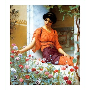 Könnte beinhalten: Eine Frau in einem langen orangenen Kleid mit einem burgunderfarbenen Gürtel sitzt an einem Fenster und streckt die Hand nach einem Strauß roter, rosa und weißer Blumen aus. Die Blumen wachsen in einem Gartenbeet mit grünen Blättern.