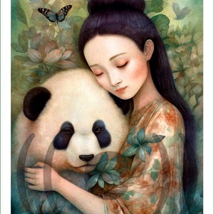 May include: A watercolor painting of a young woman with long black hair, wearing a floral patterned dress, holding a panda bear. The woman and panda are both looking down with their eyes closed. The background is a soft green with flowers.