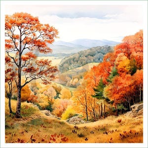 May include: A watercolor painting of an autumn landscape featuring a prominent tree with orange leaves in the foreground, a grassy hillside, and a dense forest with vibrant fall foliage leading toward distant blue mountain ranges under a pale sky.