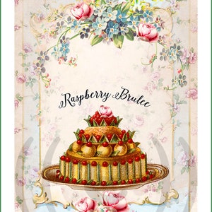 Op de afbeelding: Een vintage illustratie van een gelaagde taart met rode bessen en witte frosting. De taart staat op een zilveren schaal en is omringd door roze en blauwe bloemen. De tekst "Raspberry Brulee" is in cursief boven de taart geschreven.
