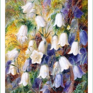 May include: An oil painting depicting a cluster of bell-shaped flowers in shades of white, pale blue, and deep violet. The composition features numerous drooping blossoms with delicate petals, interspersed with thin green stems and grasses.