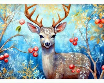 fabric panel - DI (175) - Christmas animals. For sewing, patchwork, quilting. Fabric panels, quilt panels, quilting, patchwork, animal, deer