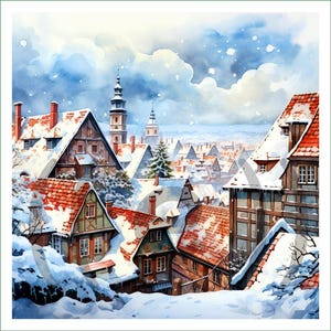 Puede incluir: Un paisaje urbano invernal con casas de entramado de madera y tejados rojos cubiertos de nieve. Un alto campanario se alza a lo lejos bajo un cielo azul nublado. La escena muestra una ciudad cubierta por una gruesa capa de nieve.