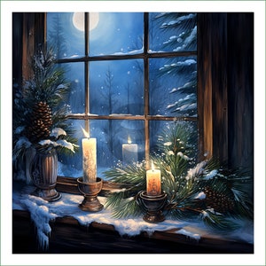 fabric panel - DI (75) - blue and green winter window. For sewing, patchwork, quilting. Fabric panels, quilt panels, quilting, Christmas