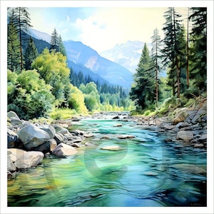 Op de afbeelding: Een schilderij van een rivier die door een weelderige groene vallei stroomt. De rivier wordt omringd door rotsen en bomen, en de bergen op de achtergrond zijn bedekt met sneeuw. Het water is een levendige blauwgroene kleur, en de lucht is een helderblauw.
