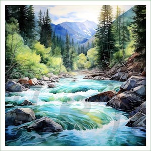 Puede incluir: Una pintura de acuarela de un arroyo de montaña que fluye sobre rocas. La escena presenta agua turquesa vibrante, árboles verdes exuberantes a lo largo de las orillas y altas montañas nevadas a lo lejos bajo un cielo brillante y despejado.