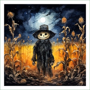 May include: A spooky scarecrow with a toothy grin stands in a field of tall corn stalks under a full moon. The scarecrow is wearing a tattered black hat and coat, and the moon is shining brightly in the night sky.