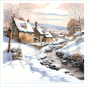 Può includere: Un'illustrazione di paesaggio invernale con cottage in pietra dai tetti innevati lungo un ruscello tortuoso. La scena include alberi spogli, un muretto in pietra e colline sullo sfondo sotto un cielo dai tenui colori rosa pallido e blu.