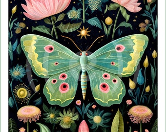 fabric panel - DI (207) - botanical moths. For sewing, patchwork, quilting. Fabric panels, quilt panels, quilting, moth, butterfly, appliqué