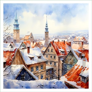 Könnte beinhalten: Ein Aquarellbild einer europäischen Stadtlandschaft im Winter mit mehrstöckigen Gebäuden, steilen, schneebedeckten orangefarbenen Dächern, Holzfassaden und zwei markanten Kirchtürmen vor einem hellblauen Himmel mit leichtem Schneefall.
