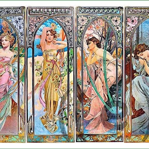 May include: A set of four vertical art panels featuring illustrations of figures in flowing garments within decorative arched frames. The artwork displays floral motifs, soft pastel colour palettes, and intricate border designs in an ornate style.