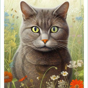 Könnte beinhalten: Ein Porträt einer grauen Katze mit leuchtend gelb-grünen Augen und einer orangefarbenen Nase, inmitten eines Feldes aus Wildblumen mit orangefarbenen und weißen Blüten, umgeben von zartem grünem Laub und kleinen fliegenden Insekten.