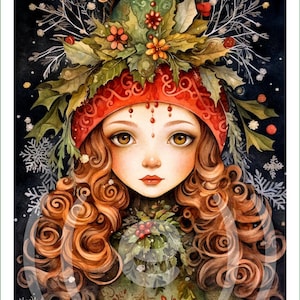 Puede incluir: Una pintura de acuarela de una niña con el pelo largo y rizado rojo que lleva un gorro de invierno rojo y verde con acebo y bayas. El fondo es azul oscuro con copos de nieve.