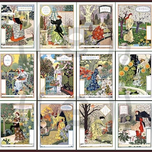 May include: A collection of twelve rectangular illustrations representing the months of the year, each featuring a person in a garden setting with seasonal foliage, flowers, and trees, labeled with French month names from Janvier to Decembre.