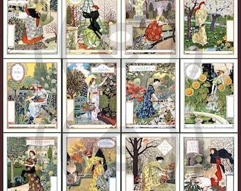 May include: A collection of twelve rectangular illustrations representing the months of the year, each featuring a person in a garden setting with seasonal foliage, flowers, and trees, labeled with French month names from Janvier to Decembre.