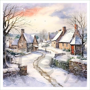 May include: A watercolor painting of a snowy village scene with houses covered in snow and a winding path leading through the center. The sky is a soft pink and orange, and there are a few birds flying overhead.