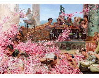 May include: An oil painting depicting a Roman banquet scene where numerous figures are reclining on couches and floors, surrounded by a massive, cascading deluge of pink and white rose petals, with marble columns and a distant landscape visible.