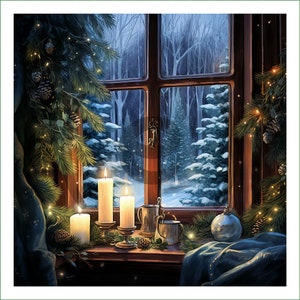 fabric panel - DI (73) - blue and green winter window. For sewing, patchwork, quilting. Fabric panels, quilt panels, quilting, Christmas