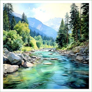 Könnte beinhalten: Eine Landschaftsillustration eines klaren, türkisfarbenen Flusses, der durch ein felsiges Tal fließt. Hohe immergrüne Bäume säumen die Ufer, mit üppigem grünem Laub und fernen blauen Bergen unter einem hellen Himmel mit weichen Wolken.