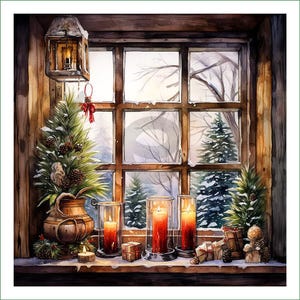 Könnte beinhalten: Ein hölzerner Fensterrahmen mit Blick auf einen verschneiten Wald, eine hängende Laterne, ein kleiner Topf-Nadelbaum mit Tannenzapfen, drei rote Stumpenkerzen in Glasbehältern und mehrere kleine Geschenkpakete auf dem Fensterbrett.