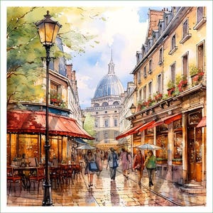 May include: A watercolour painting of a European street scene featuring a tall black lamppost in the foreground, outdoor cafe seating with red awnings, pedestrians walking on a cobblestone path, and a large domed building in the distance.