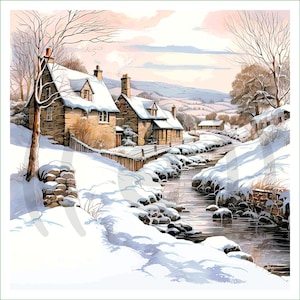 Może przedstawiać: Śnieżna zimowa sceneria z małą wioską położoną wzdłuż krętej rzeki. Domy są zbudowane z kamienia i mają pokryte śniegiem dachy. Rzeka jest miejscami zamarznięta, a brzegi wyłożone są drzewami. Niebo jest jasnoniebieskie, a słońce świeci.