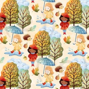 fabric - autumn girls (1) - fat quarter. Nursery retro style fabric for sewing, patchwork, quilting. Fabric, quilting, patchwork, umbrella