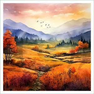 Op de afbeelding: Een aquarelschilderij van een herfstlandschap met glooiende heuvels bedekt met oranje en geel gebladerte, een stenen pad dat in de verte leidt, een donkere bosrand en verre blauwe bergen onder een zachte roze en gouden zonsonderganglucht.