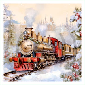 Puede incluir: Una locomotora de vapor roja y dorada de época tira de una serie de vagones de pasajeros a través de un paisaje invernal nevado. El tren está decorado con ramas de coníferas y bayas rojas, creando una escena festiva navideña.