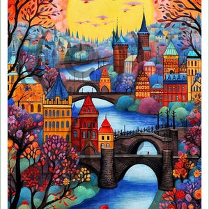 May include: A vibrant illustration of a European-style city with colorful buildings, multiple stone bridges spanning a winding blue river, and a large yellow sun in the background. The scene is framed by trees with orange and purple foliage.