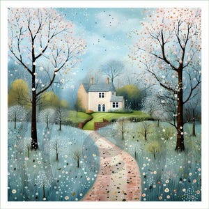 Op de afbeelding: Een serene landschapsschilderij met een wit huis met een grijs dak, genesteld tussen bomen. Een bakstenen pad leidt naar het huis, omgeven door een veld met witte bloemen en bloeiende bomen. De lucht is zachtblauw met verspreide stippen.