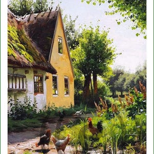 May include: A painting of a yellow cottage with a thatched roof covered in green moss, featuring white walls and dark window frames. Several chickens roam on a dirt path in front of the house, surrounded by tall green grass and lush trees.